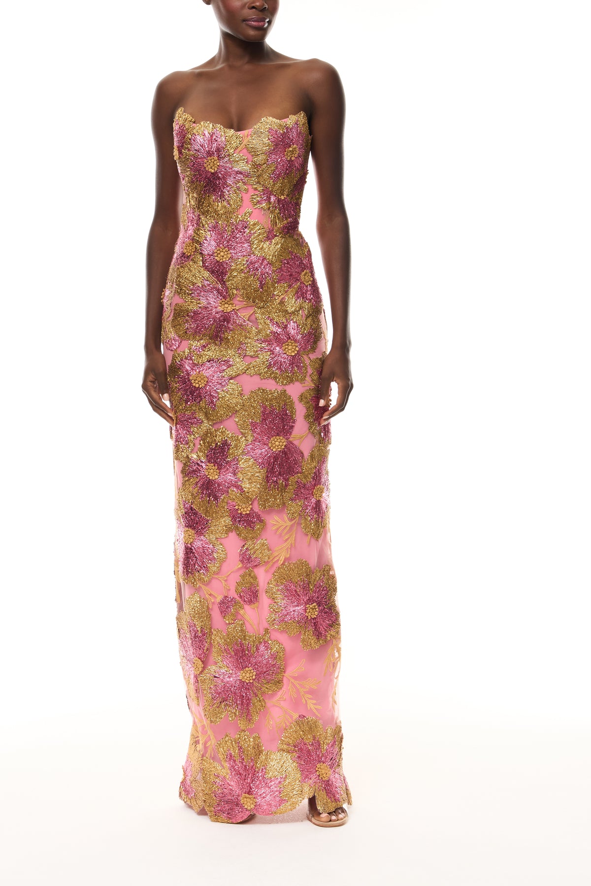 Monique Lhuillier Spring 2026 Plumeria/Multi Metallic Raffia Floral Embroidered strapless column gown- front.