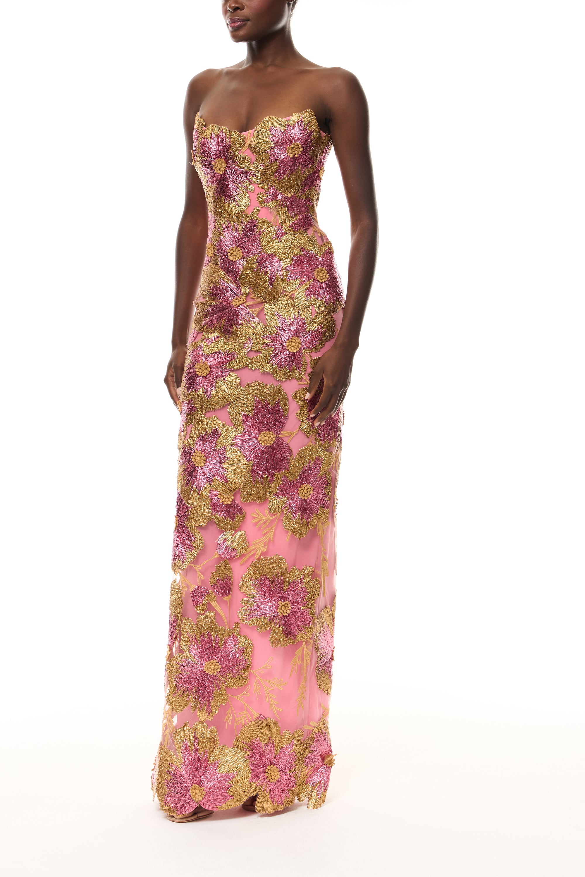 Monique Lhuillier Spring 2026 Plumeria/Multi Metallic Raffia Floral Embroidered strapless column gown- side.