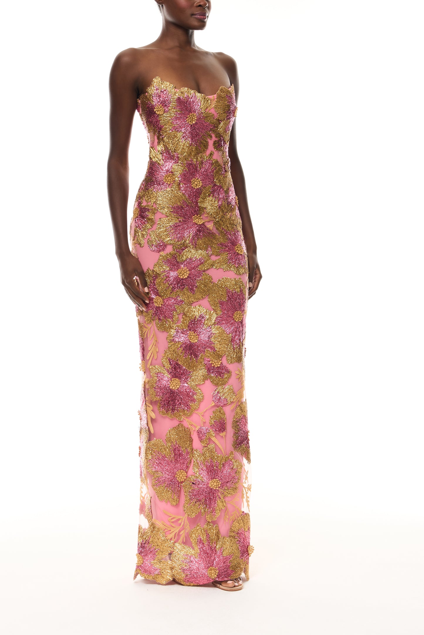 Monique Lhuillier Spring 2026 Plumeria/Multi Metallic Raffia Floral Embroidered strapless column gown- side.