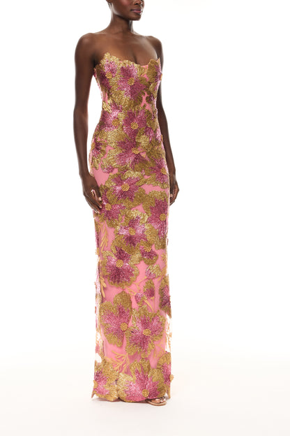 Monique Lhuillier Spring 2026 Plumeria/Multi Metallic Raffia Floral Embroidered strapless column gown- side.