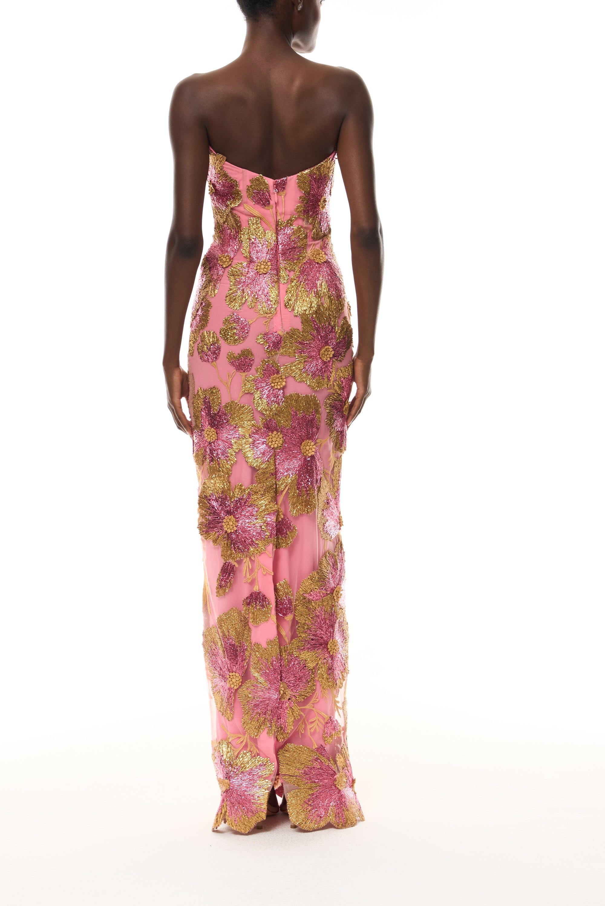 Monique Lhuillier Spring 2026 Plumeria/Multi Metallic Raffia Floral Embroidered strapless column gown-back.