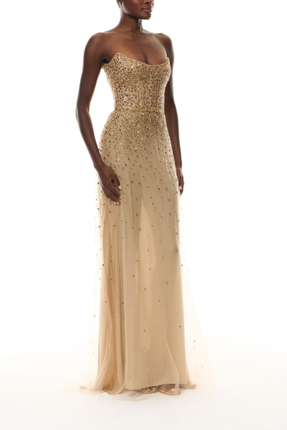 Monique Lhuillier Spring 2026 Gold Crystal Embroidered Tulle strapless gown - side.