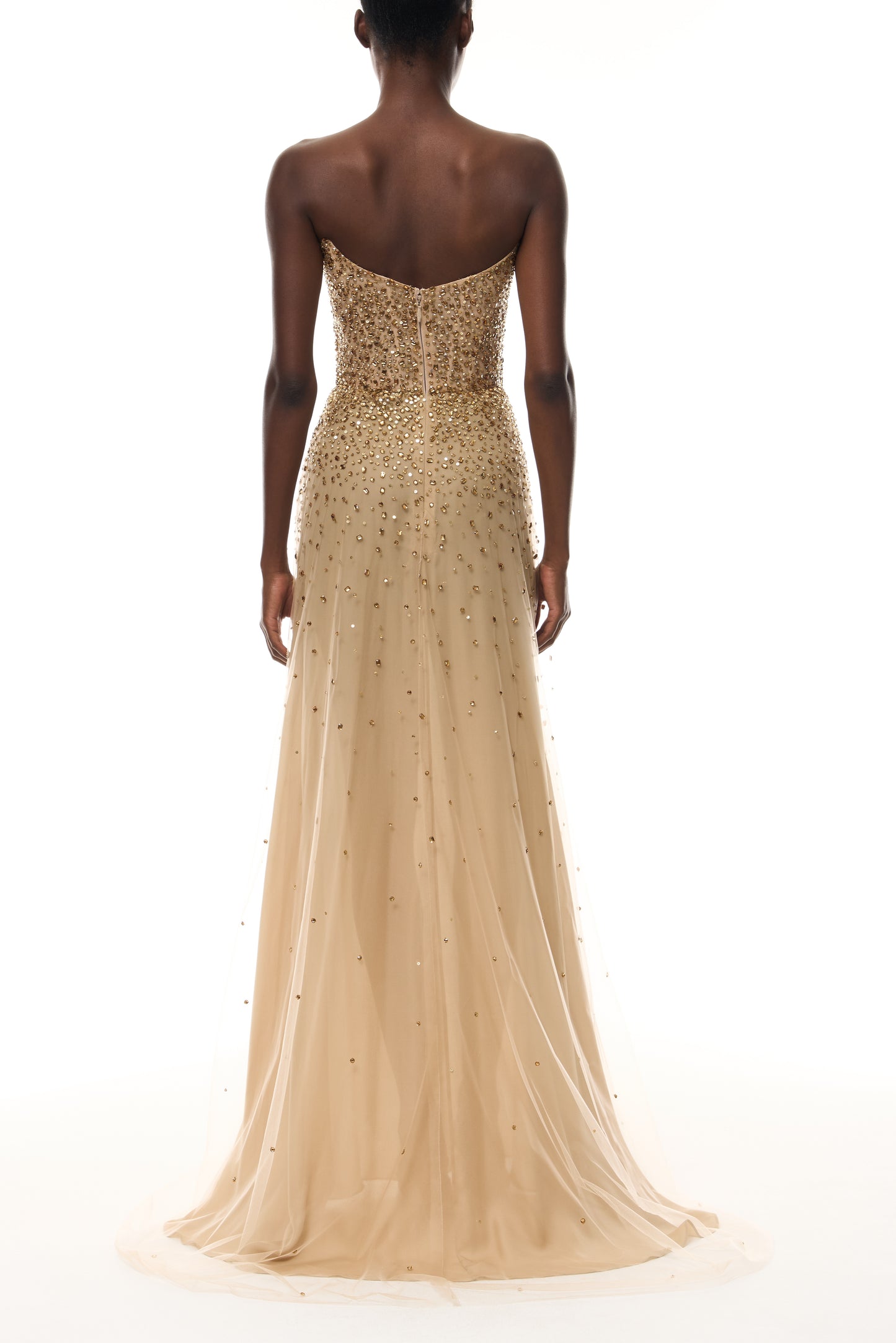 Monique Lhuillier Spring 2026 Gold Crystal Embroidered Tulle strapless gown - back.