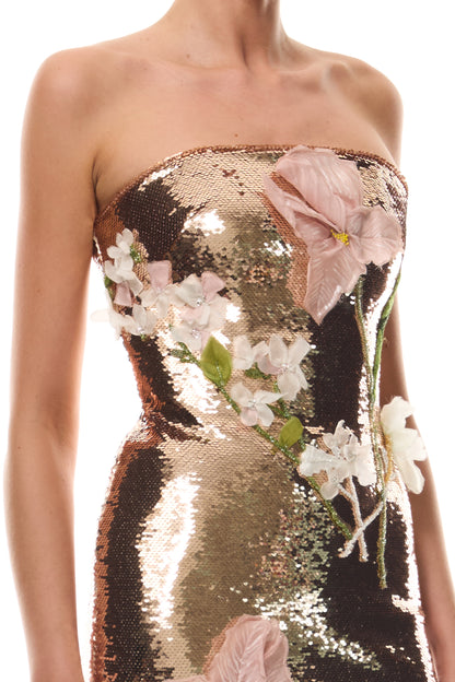 Monique Lhuillier Spring 2026 Rose Gold Iris Bouquet Embroidered Sequin Strapless column gown with floral embroidery - fabric.