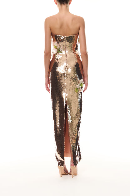 Monique Lhuillier Spring 2026 Rose Gold Iris Bouquet Embroidered Sequin Strapless column gown with floral embroidery - back.