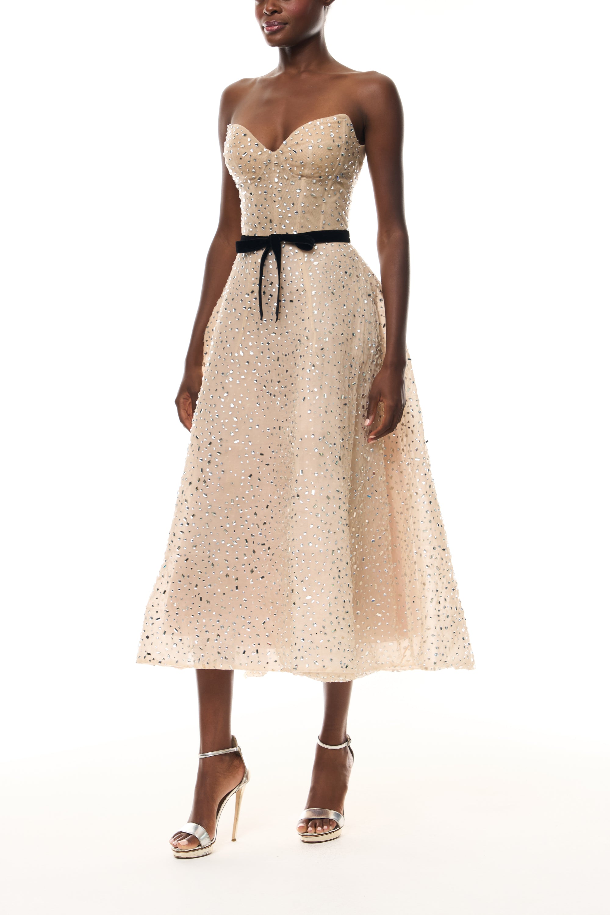 Nude Hot Fix Organza Sweetheart tea
- length cocktail dress with velvet belt- side.