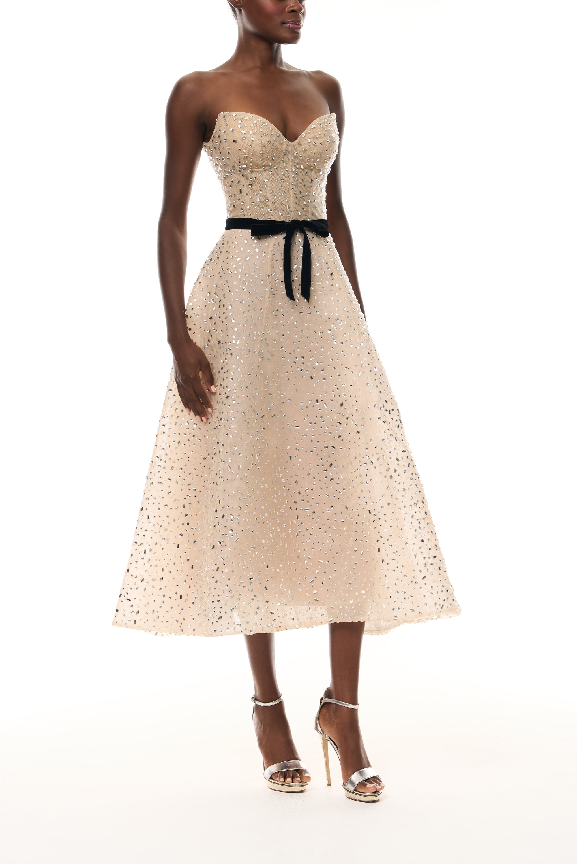 Nude Hot Fix Organza Sweetheart tea
- length cocktail dress with velvet belt- side.