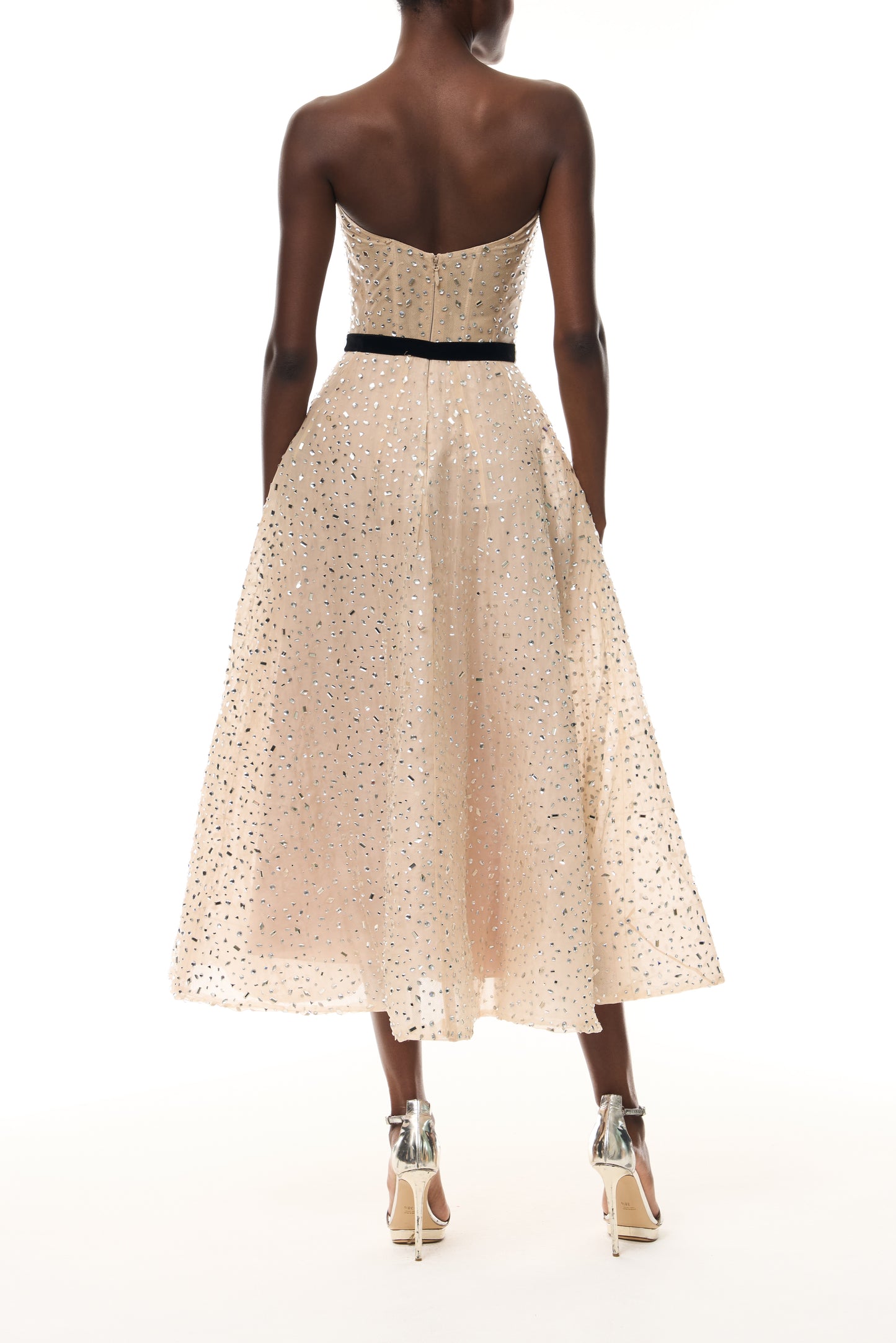 Nude Hot Fix Organza Sweetheart tea
- length cocktail dress with velvet belt- back.