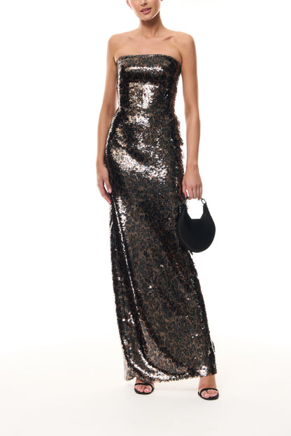 Monique Lhuillier Spring 2026 Leopard printed sequin strapless column gown - front with Noir Demi evening bag