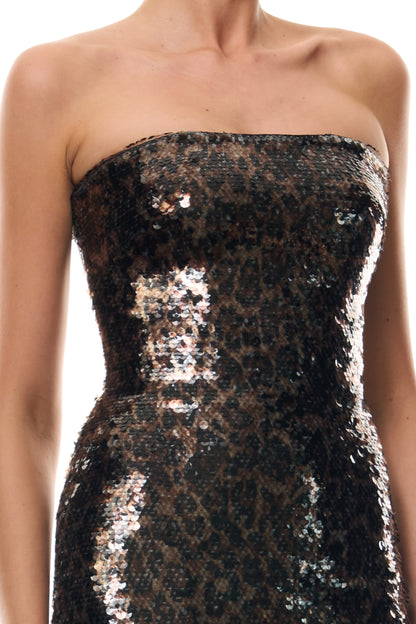 Monique Lhuillier Spring 2026 Leopard printed sequin strapless column gown - fabric