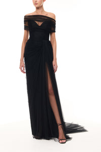 Strapless Tulle Gown with Detachable Wrap