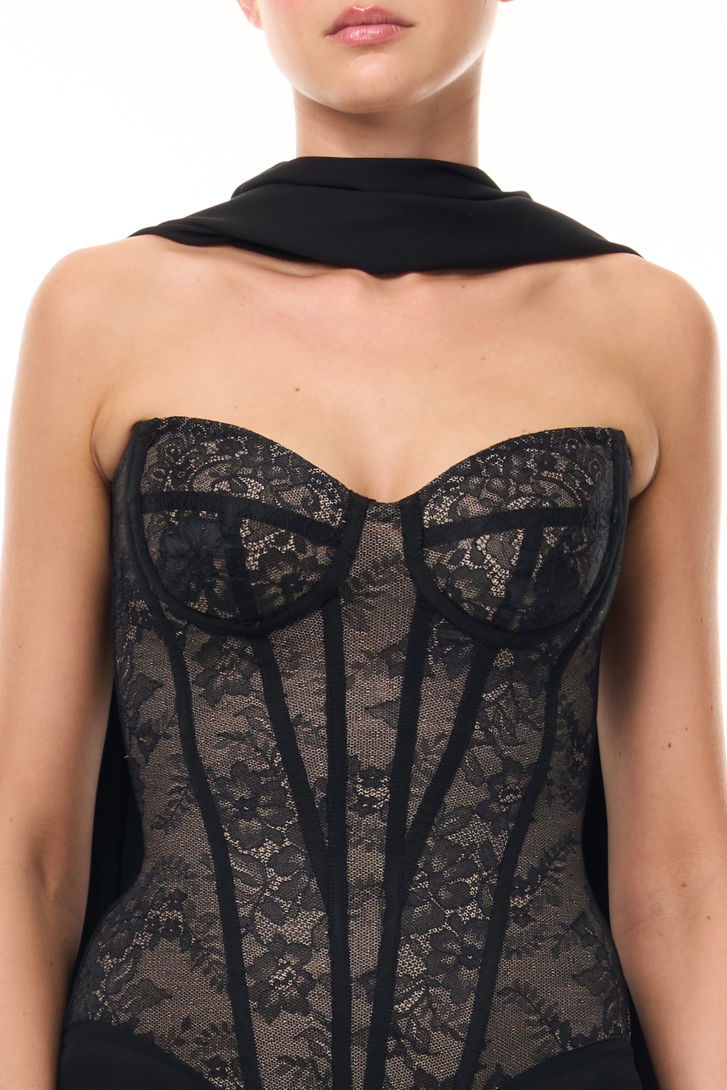 Monique Lhuillier Spring 2026 Noir lace and georgette corseted dropped waist gown with shawl - fabric. 