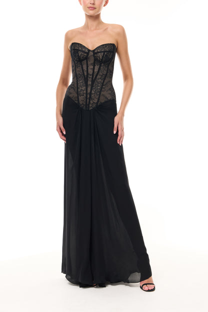 Monique Lhuillier Spring 2026 Noir lace and georgette corseted dropped waist gown - front.
