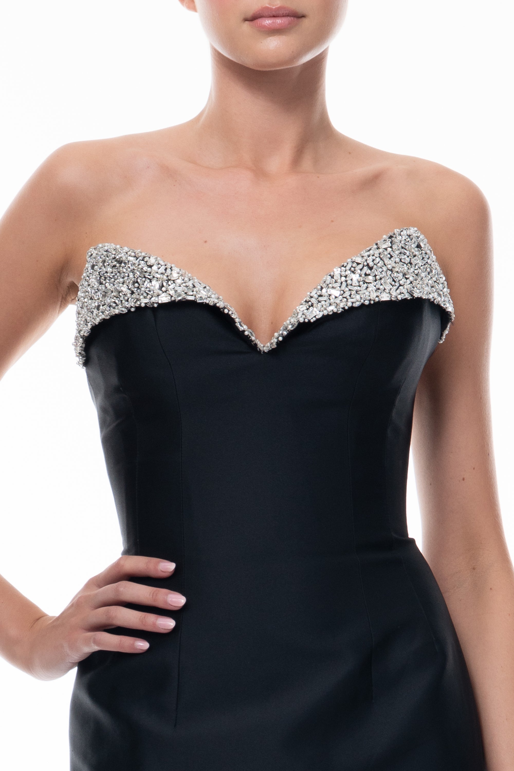 Monique Lhuillier Spring 2026 Noir Mikado Embroidered lapel column gown - fabric.