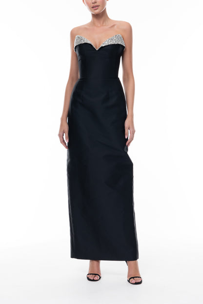 Monique Lhuillier Spring 2026 Noir Mikado Embroidered lapel column gown - front.