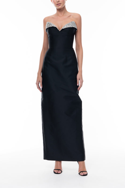 Monique Lhuillier Spring 2026 Noir Mikado Embroidered lapel column gown - front.