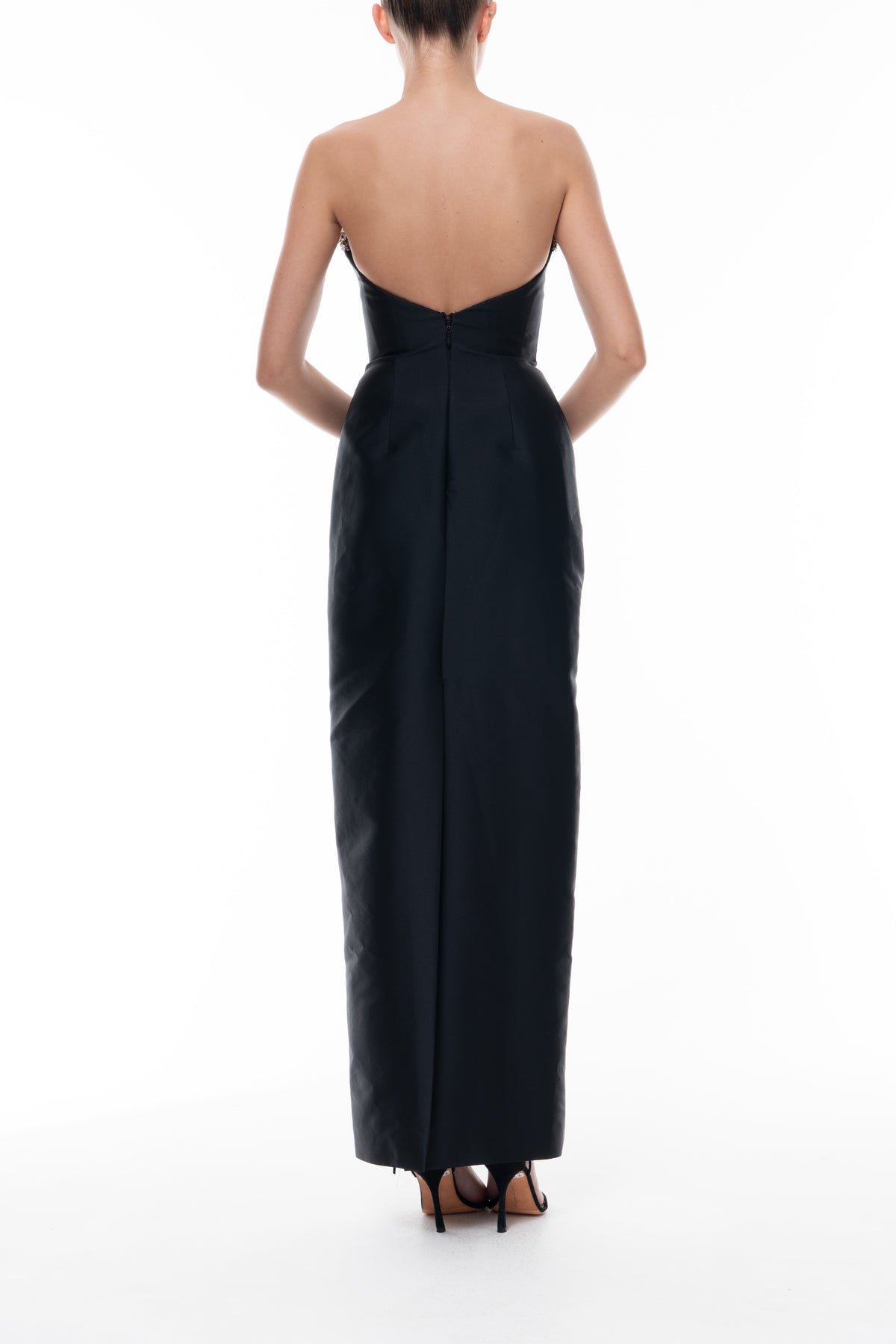Monique Lhuillier Spring 2026 Noir Mikado Embroidered lapel column gown - back.