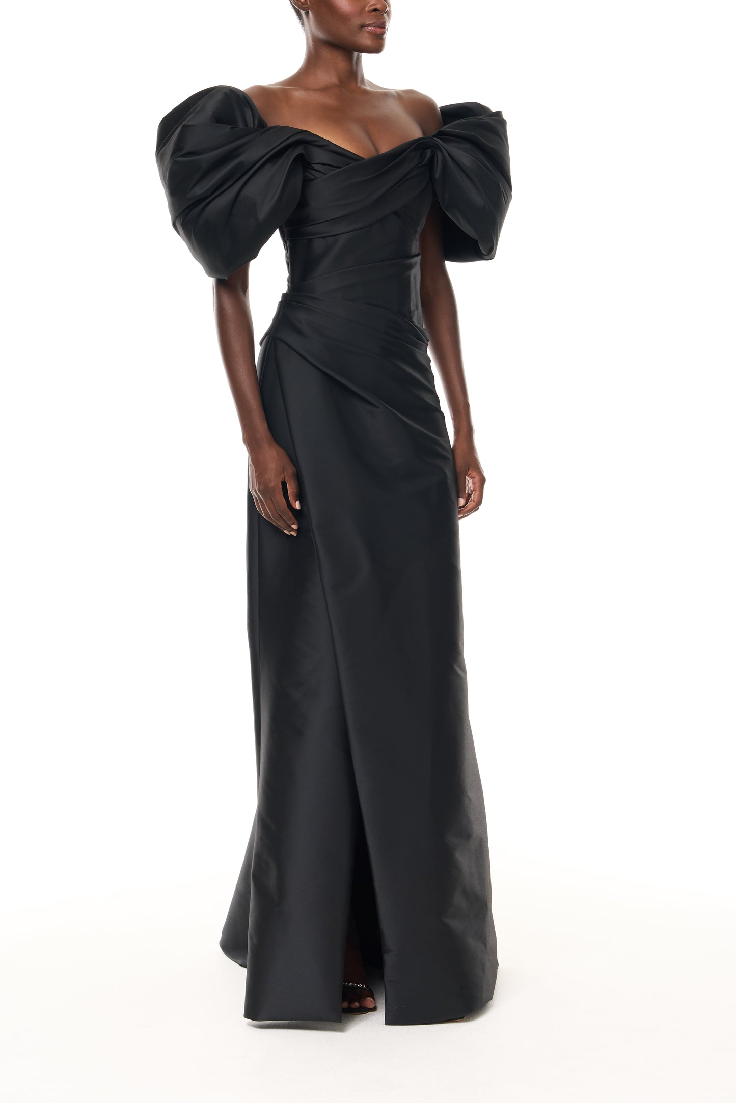 Monique Lhuillier Spring 2026 Noir Stretch Mikado draped sleeve floor-length off-the-shoulder gown - side.