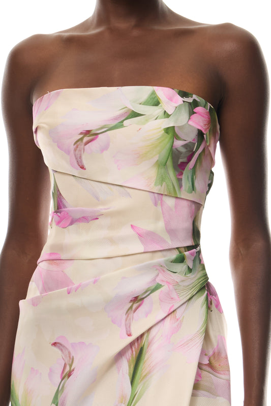 Monique Lhuillier Spring 2026 Carnation Multi Large Tulip Printed Pique Gazar Strapless Gown with Slit - fabric.