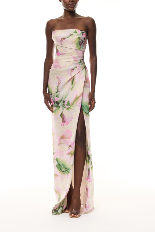 Monique Lhuillier Spring 2026 Carnation Multi Large Tulip Printed Pique Gazar Strapless Gown with Slit - front.