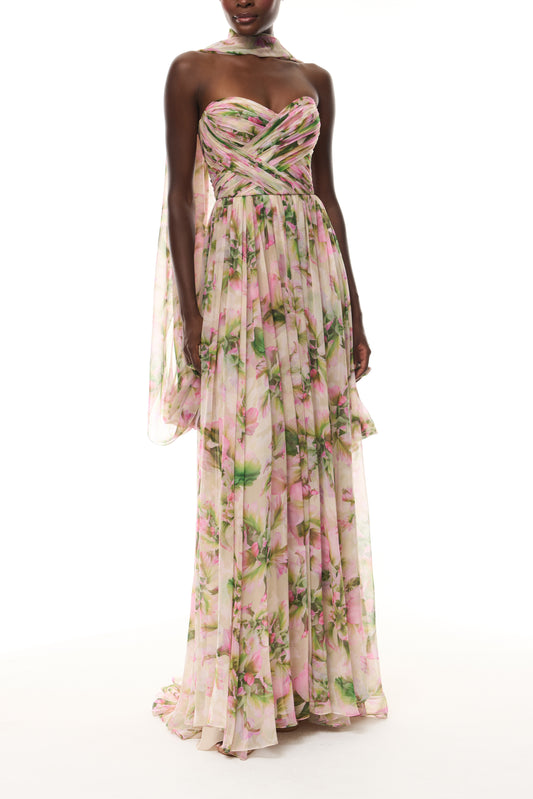 Monique Lhuillier Spring 2026 Carnation Multi Small Tulip Printed Chiffon Sweetheart strapless pleated gown with
shawl - front. 