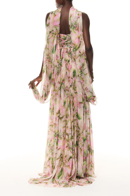 Monique Lhuillier Spring 2026 Carnation Multi Small Tulip Printed Chiffon Sweetheart strapless pleated gown with
shawl - back.