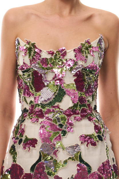 Monique Lhuillier Spring 2026 Carnation Multi Tulip Sequin Embroidered Tulle Embroidered strapless structured mini dress - fabric.