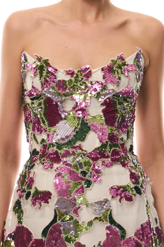 Monique Lhuillier Spring 2026 Carnation Multi Tulip Sequin Embroidered Tulle Embroidered strapless structured mini dress - fabric.