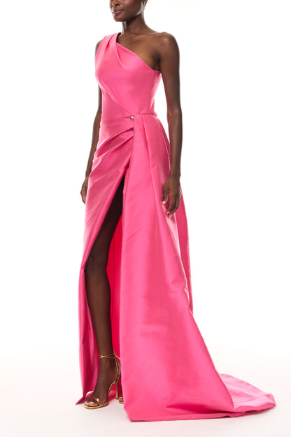 Monique Lhuillier Spring 2026 Flamingo Mikado One shoulder draped gown with train and gold ball piercing - side.