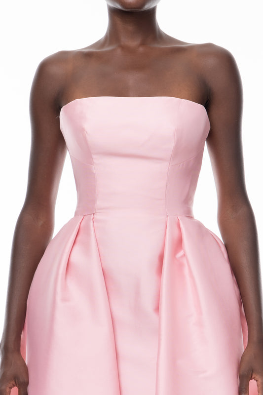 Monique Lhuillier Spring 2026 Carnation Mikado Strapless ball gown with pleated skirt - fabric.
