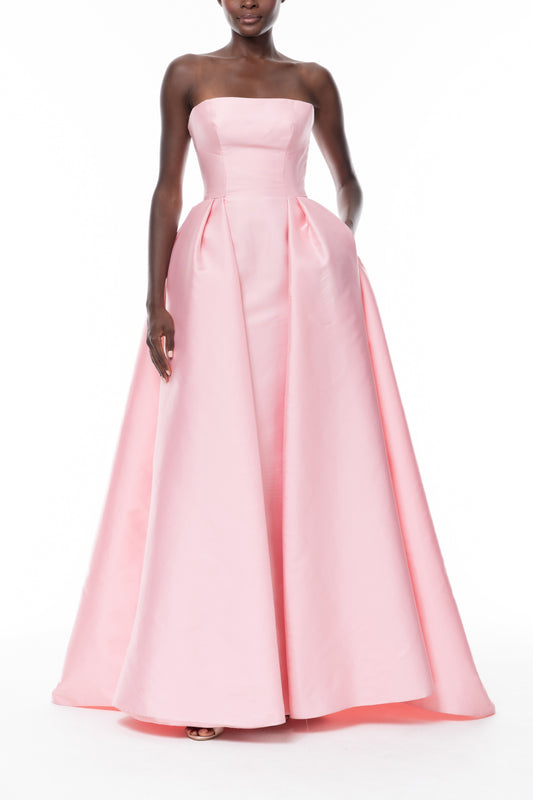 Monique Lhuillier Spring 2026 Carnation Mikado Strapless ball gown with pleated skirt - front.