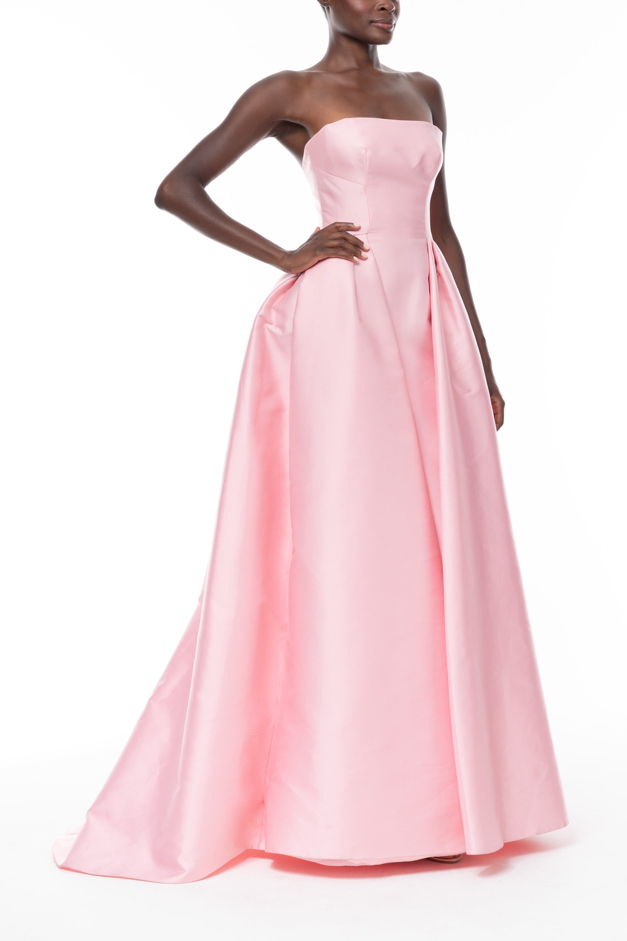 Monique Lhuillier Spring 2026 Carnation Mikado Strapless ball gown with pleated skirt -  side.