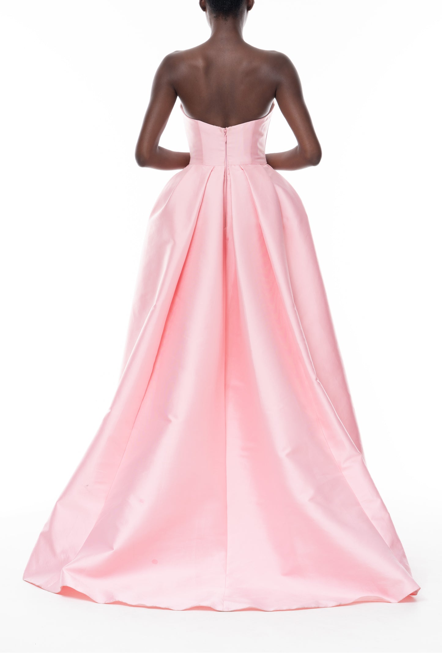 Monique Lhuillier Spring 2026 Carnation Mikado Strapless ball gown with pleated skirt - back.