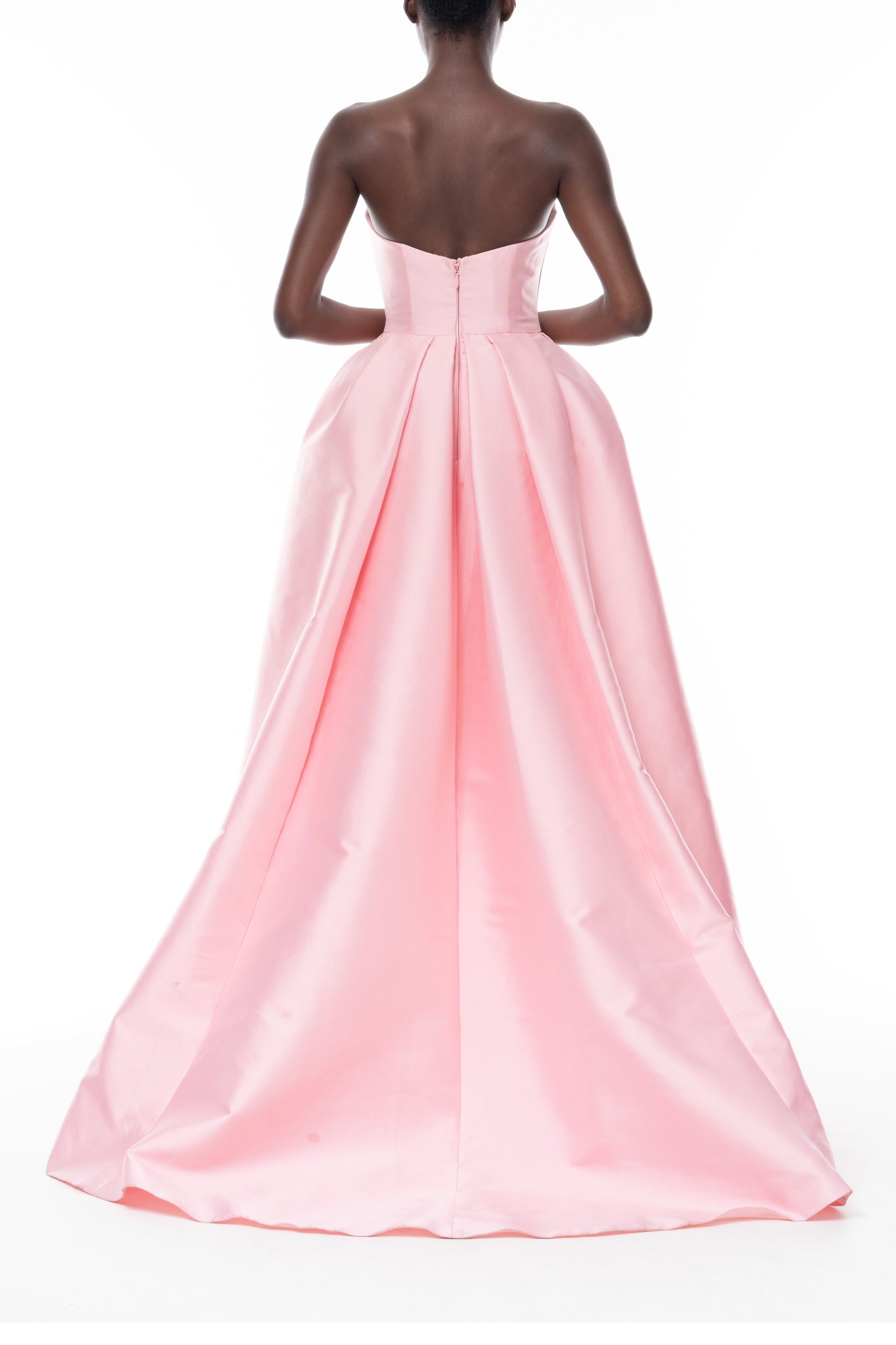 Monique Lhuillier Spring 2026 Carnation Mikado Strapless ball gown with pleated skirt - back.