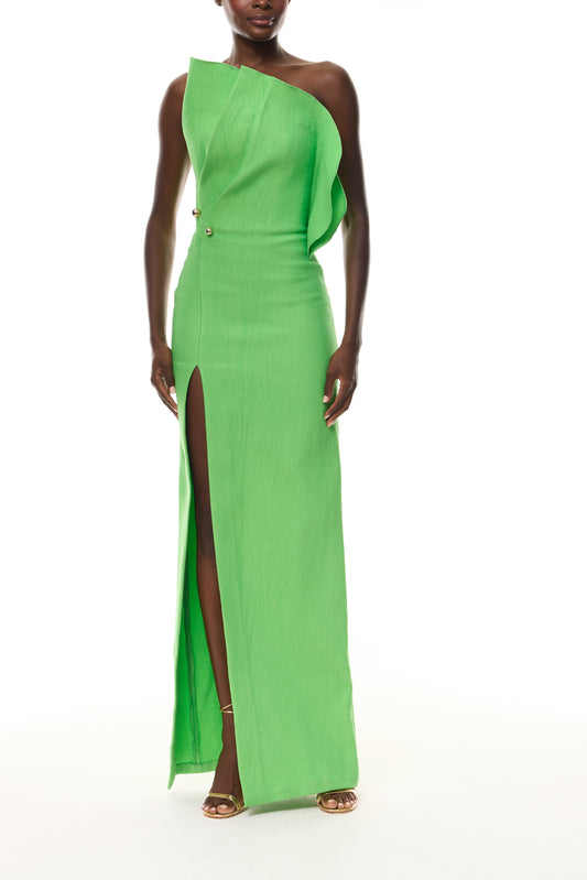 Monique Lhuillier Spring 2026 Meadow Silk Cotton Brocade petal neckline column gown with gold ball piercing - front.