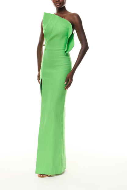 Monique Lhuillier Spring 2026 Meadow Silk Cotton Brocade petal neckline column gown with gold ball piercing - side.