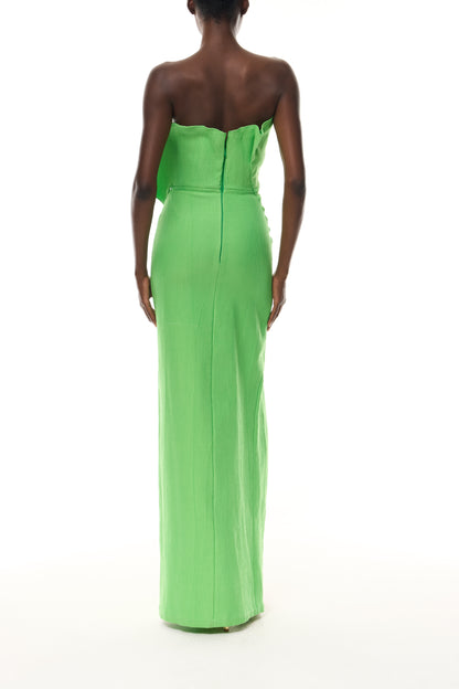 Monique Lhuillier Spring 2026 Meadow Silk Cotton Brocade petal neckline column gown with gold ball piercing - back.