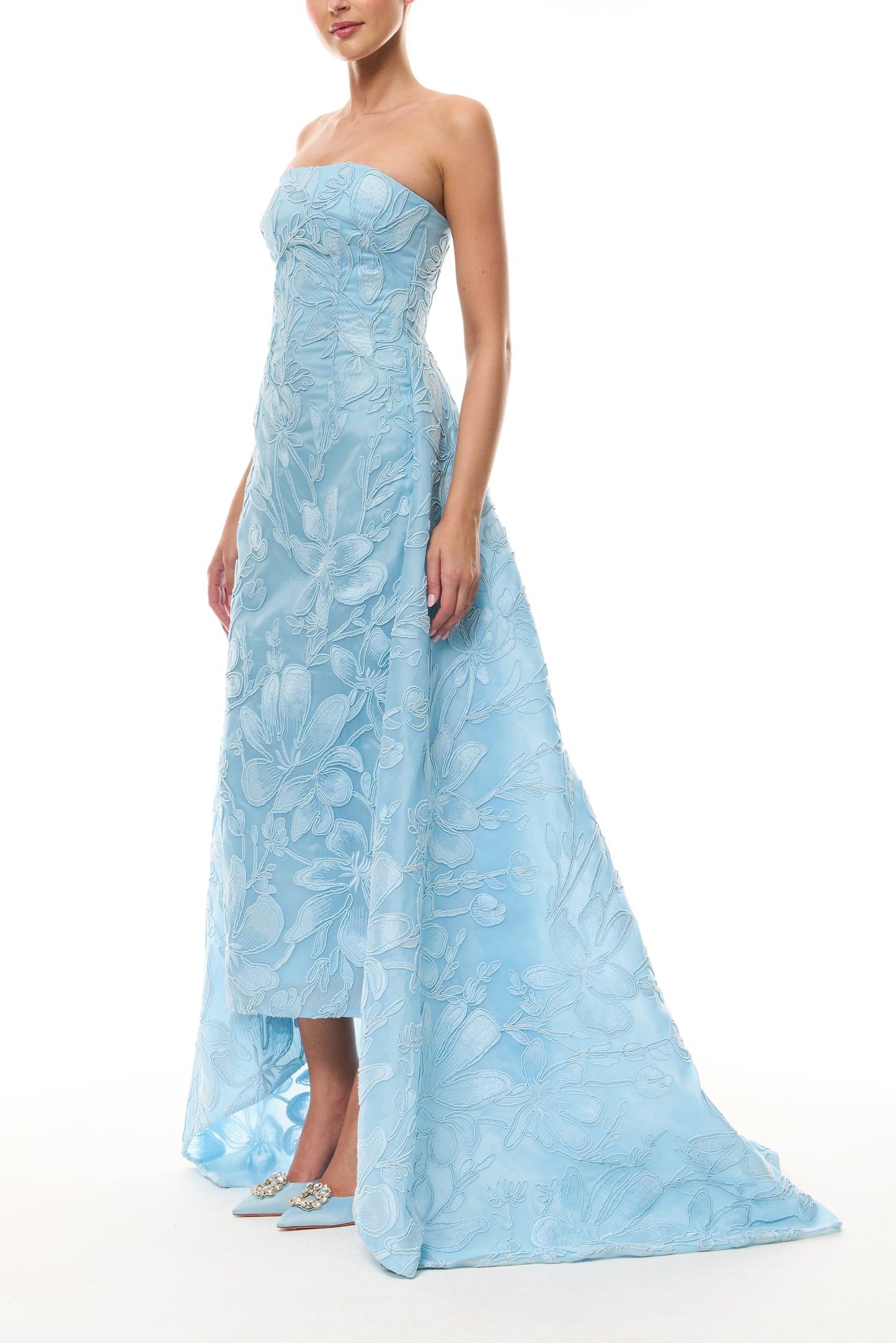 Monique Lhuillier Spring 2026 Plumeria Floral Corded Organza Strapless tea - length column gown with train - side.
