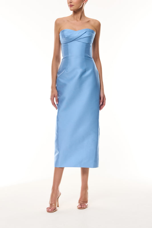 Monique Lhuillier Spring 2026 Bluebelle Mikado Strapless draped neckline cocktail dress - front.