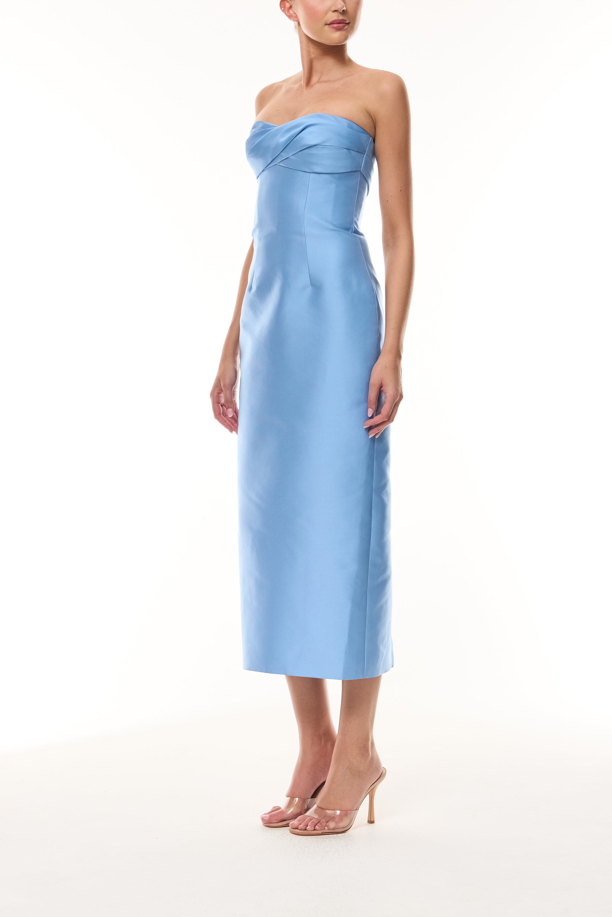 Monique Lhuillier Spring 2026 Bluebelle Mikado Strapless draped neckline cocktail dress - side.