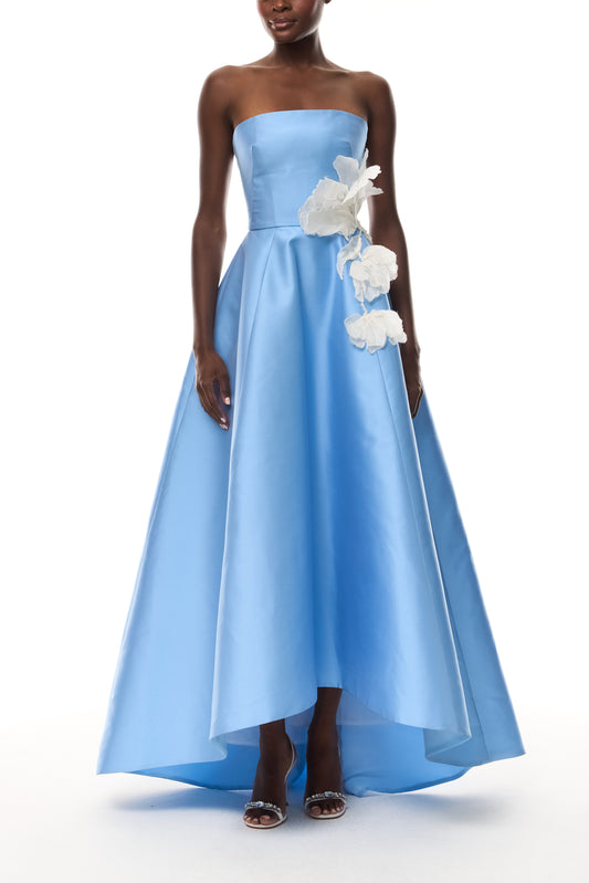 Monique Lhuillier Spring 2026 Strapless ball gown with floating tulip embroidery in Bluebelle Mikado - front. 