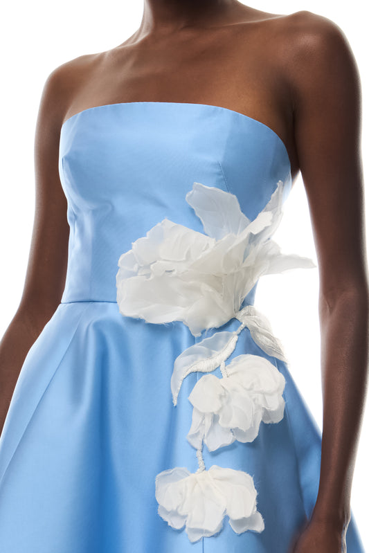 Monique Lhuillier Spring 2026 Strapless ball gown with floating tulip embroidery in Bluebelle Mikado - fabric.