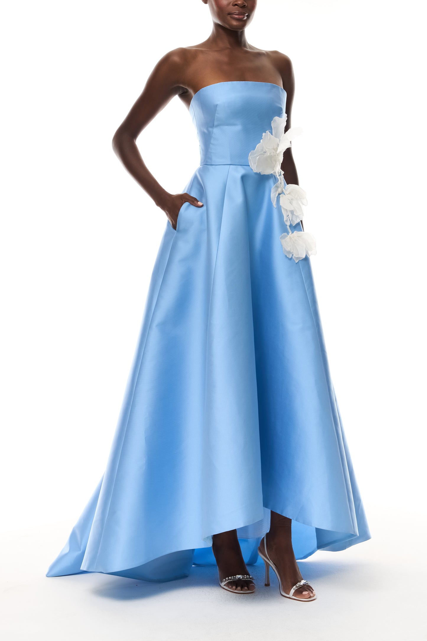 Monique Lhuillier Spring 2026 Strapless ball gown with floating tulip embroidery in Bluebelle Mikado - side.