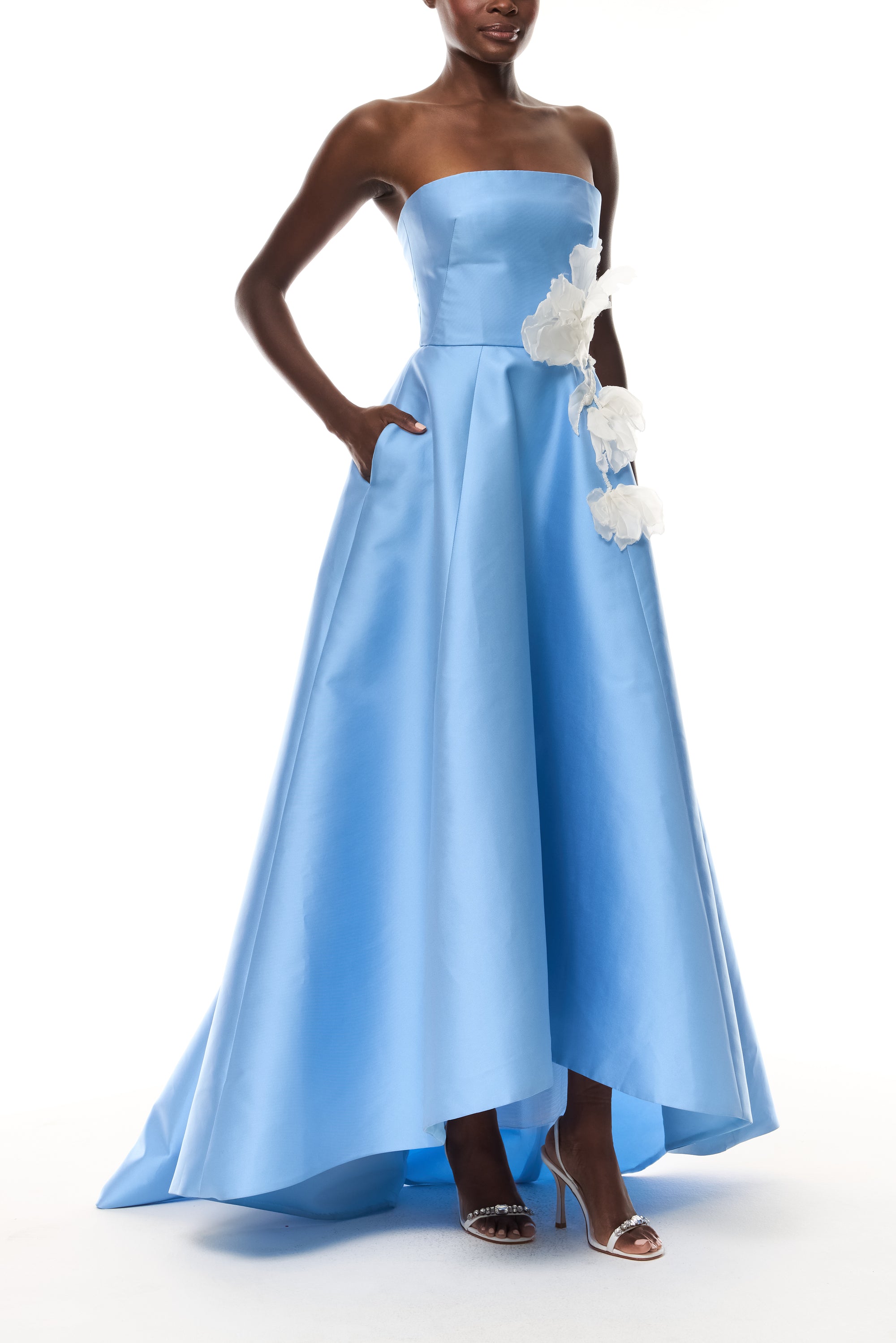 Monique Lhuillier Spring 2026 Strapless ball gown with floating tulip embroidery in Bluebelle Mikado - side.