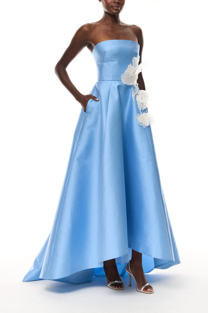 Monique Lhuillier Spring 2026 Strapless ball gown with floating tulip embroidery in Bluebelle Mikado - side.