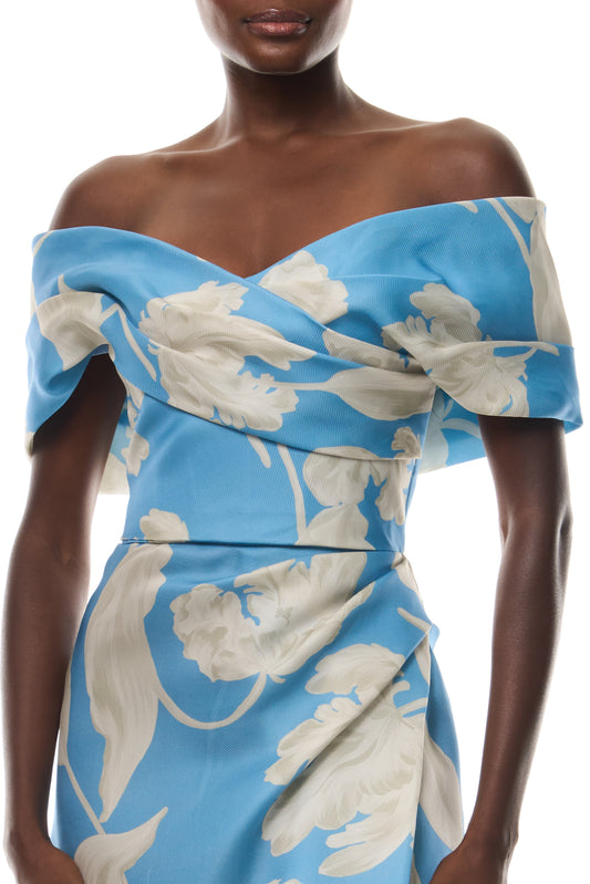 Monique Lhuillier Spring 2026 Bluebelle Multi Floating Tulip Printed Gazar Asymmetric draped off-the-shoulder A-line gown - fabric.