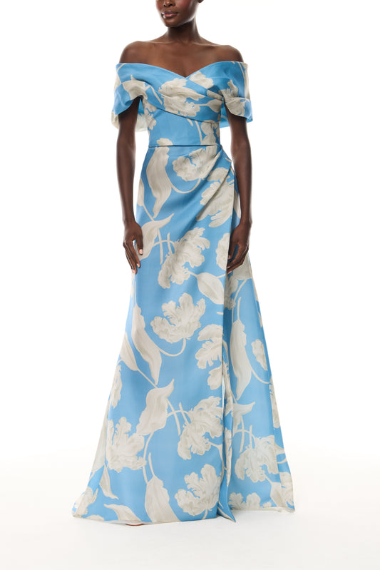Monique Lhuillier Spring 2026 Bluebelle Multi Floating Tulip Printed Gazar Asymmetric draped off-the-shoulder A-line gown - front.