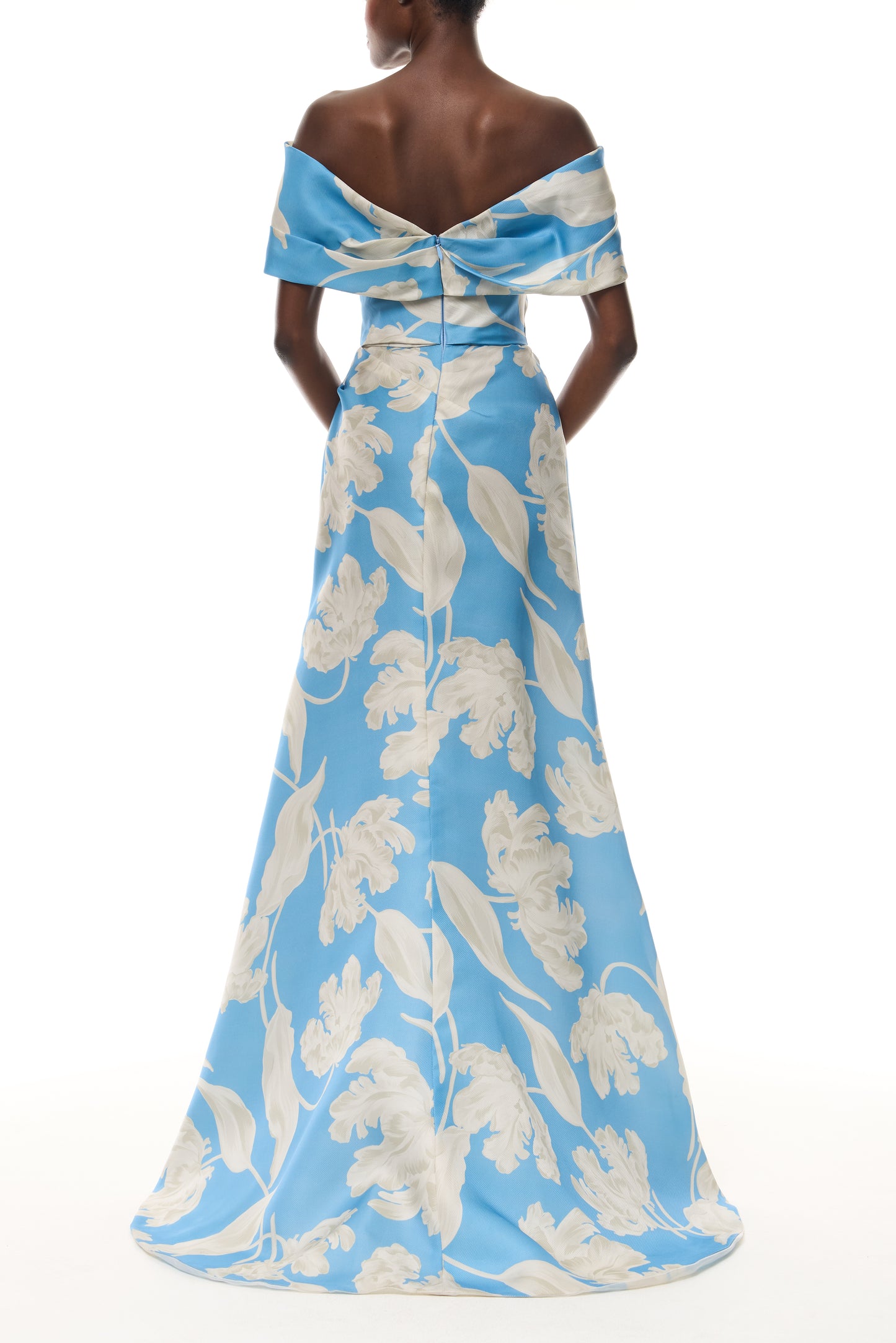 Monique Lhuillier Spring 2026 Bluebelle Multi Floating Tulip Printed Gazar Asymmetric draped off-the-shoulder A-line gown - back.
