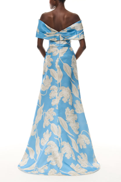 Monique Lhuillier Spring 2026 Bluebelle Multi Floating Tulip Printed Gazar Asymmetric draped off-the-shoulder A-line gown - back.