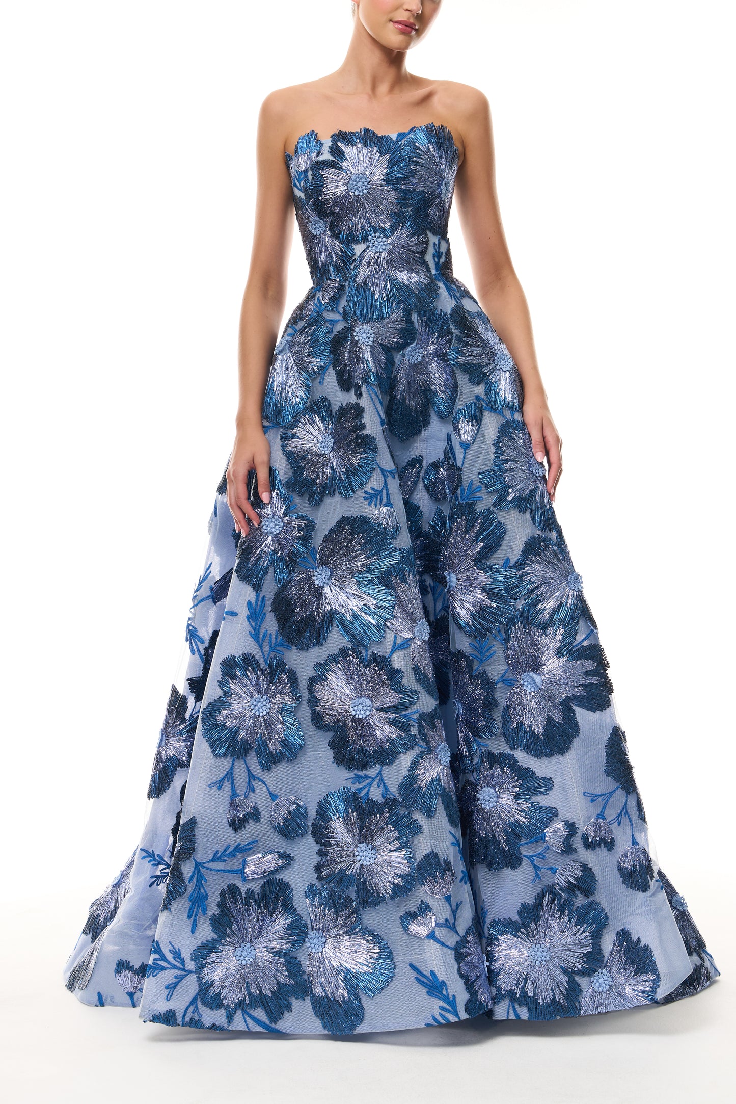 Monique Lhuillier Spring 2026 Lake/Multi Metallic Raffia Floral Embroidered Tulle Strapless ball gown -front.